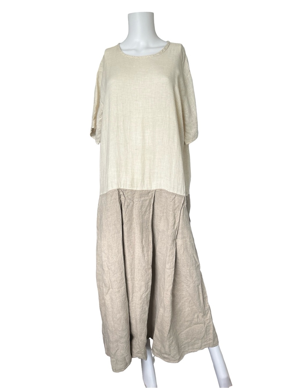 Flax Linen Dress Short Sleeve Drop Waist Neutral Modest Womens Size Large